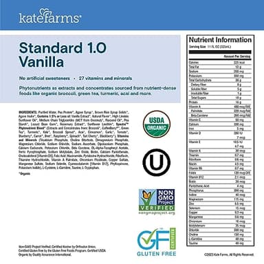 KATE FARMS Organic 1.0 Sole-Source Nutrition Shake, Vanilla, 16g Protein, 27 Vitamins and Minerals, Meal Replacement, Protein Shake, 11 oz (12 Pack) - Image 6