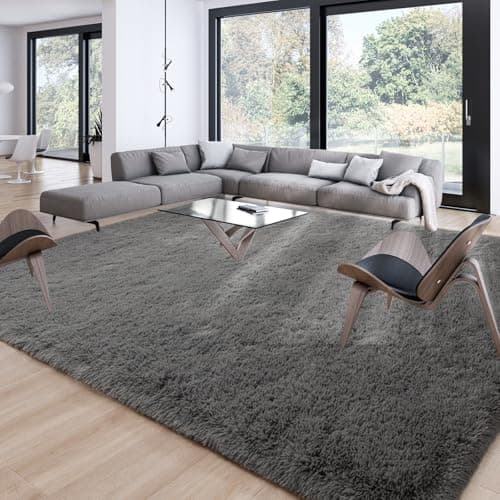Merelax Area Rugs 9x12 Living Room, Large Grey Bedroom Carpet, Big Shag Indoor Thick Soft Nursery Rug, Deep Gray Fluffy Carpets for Boy and Girls Room Dorm Home Decor Aesthetic - Image 1
