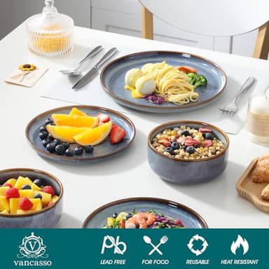 vancasso PLAYA Plates and Bowls Sets, 12 Pieces Grey-Blue Dinnerware Sets for Kitchen, Reactive Glaze Dishes Set for 4, Dishwasher and Microwave Safe - Image 3