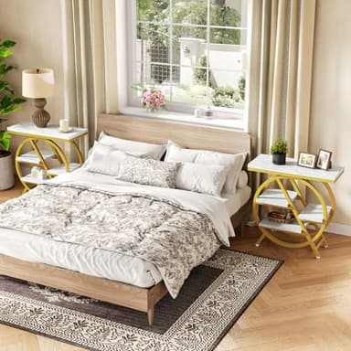 LITTLE TREE End Table, 4-Tier Narrow Faux Marble Side Table with Large Storage Space, Modern Nightstand and Bedside Table for Living Room, Home Office, Bedroom, White and Gold - Image 6