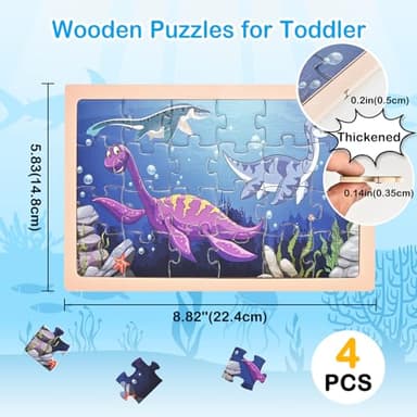 Wooderma Thickened Puzzles for Kids Ages 4-6, Wooden Puzzles for Toddlers, 4 Packs 24 PCS Dinosaur Puzzle, Preschool Educational Puzzle Toys for Boys and Girls 3 4 5 6 Years Old - Image 2