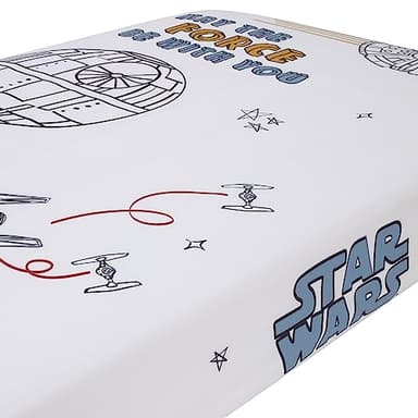 NoJo Star Wars May The Force Be with You White, Blue, and Gold Millennium Falcon and Death Star Photo Op Nursery Fitted Crib Sheet - Image 2