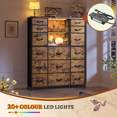 EnHomee 51" H Dresser with 15 Drawers Dresser for Bedroom with Charging Station & LED Lights & Hutch Sturdy Fabric Bedroom Dressers, Steel Frame, Wood Top, Rustic Brown, 51.2" H x 39.3" W x 11.8" D - Image 5