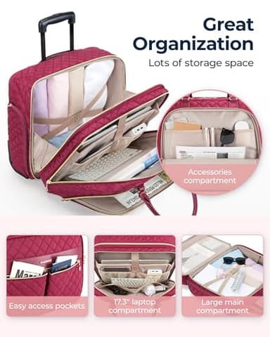 BAGSMART Rolling Laptop Bag Women, Rolling Briefcase for Women, 17.3 Inch with Wheels Computer Bag Rolling Laptop Case for Work Travel Business, Red - Image 2