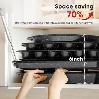 Slow Slog 11-Piece Baking Pans Set, Nonstick Bakeware Sets, Oven Pans for Baking with Silicone Handles, Includes Cookie Sheet, Cake Pans, Loaf Pan, Pizza Pan, Muffin Pan, Khaki&Black - Image 5
