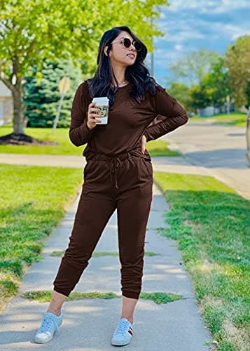 PRETTYGARDEN Women Fall 2 Piece Lounge Outfit Long Sleeve Tops High Waisted Jogger Pants Set Spring Travel Clothes Tracksuit (Brown,Medium) - Image 4