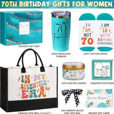 70th Birthday Gifts for Women, Unique 1955 Birthday Gifts for 70 Year Old Women Birthday Gifts Basket, Fabulous 70th Happy Birthday Gift Idea for Mom Lady Sister Friend Wife Grandma w/Canvas Tote Bag - Image 2
