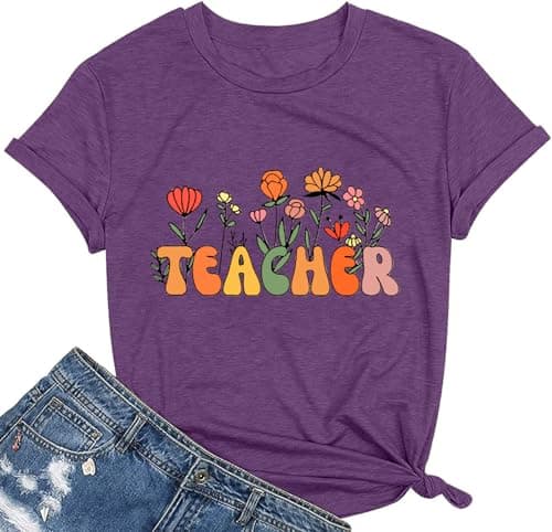 Teacher Woman T-Shirt Teach be Kind Teacher Summer Autumn Flowers Casual Short Sleeve T-Shirt Purple-M - Image 1