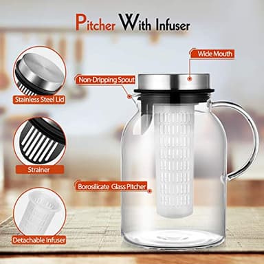 Glass Water Pitcher, Fruit Infuser Pitcher with Removable Lid, High Heat Resistance Infusion Carafe for Hot/Cold Water, Flavor-Infused Beverage & Iced Tea - 2 Qt - Image 2