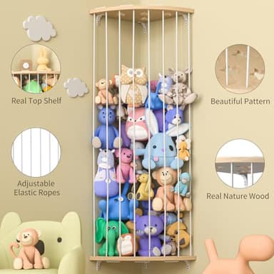 Jtksfcl Stuffed Animal Storage Wood Corner Plush Toys Holder with Star Pattern, Length Adjustable Hanging Stuffed Animal Toy Organizer Shelf for Nursery Play Room Bedroom Kid Room - Image 5
