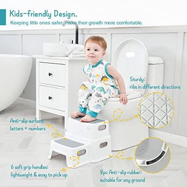 Forbena Toddler Step Stool for Bathroom Sink, 2 Step Stool for Kids Toilet Potty Training, Non-Slip Toddlers Baby Child Kid Plastic Poop Stools with Handle for Kitchen Counter Bed (White-Grey) - Image 3