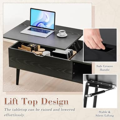 OLIXIS Wooden Coffee Table, Lift Top Coffee Table with Large Hidden Compartment and Ample Storage Shelf, Lift Tabletop Dining Table for Living Room, Home Small Space, Charcoal - Image 3