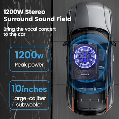 2025 Upgraded 10"1200W Slim Under Seat Powered Car Subwoofer, Car/Truck Sub Built in Amplifier for outstanding Heat Dissipation, Powerful bass and Blue LED Ambient Light enjoy Audio Experience - Image 2