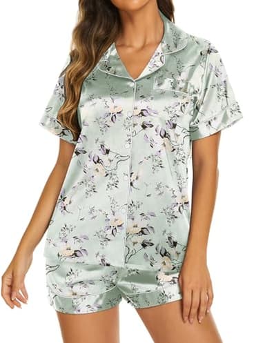 Ekouaer Pajamas Set Womens Silk Soft Sleepwear Satin Short Sleeve Button Up Top and Shorts Nightwear 2 Piece Pjs Set,Floral Light Green,Large - Image 3