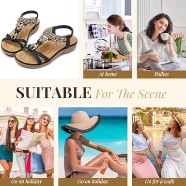 Littleplum Womens Sandals Arch Support Bohemian T-Strap Flower Rhinestone Sandals Women's Non Slip Summer Beach Flat Sandals Black Size 8.5 - Image 7