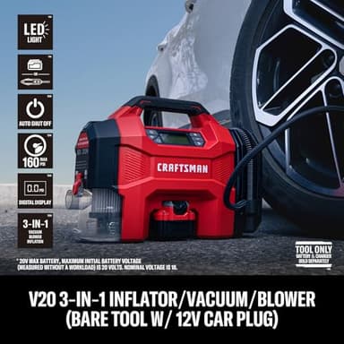 CRAFTSMAN 3-in-1 Tire Inflator, 160PSI Portable Air Compressor/Car Vacuum/Dust Blower, 20V Cordless & 12V Car Power, Air Pump with LED Light for Cars Trucks RV Tires (Battery Sold Separately) - Image 2