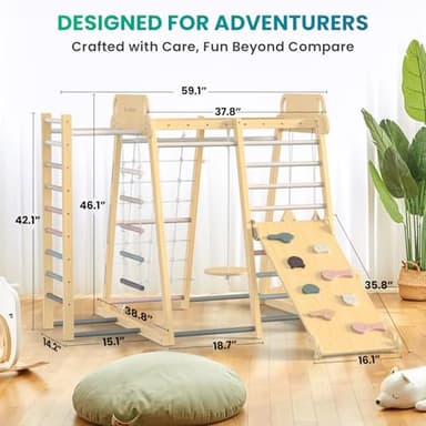 Upgraded Indoor Playground 9-in-1 Jungle Gym Kids Climbing Toys, Montessori Philosophy Waldorf Style Wooden Climber Playset with Slide, Swing, Monkey Bars, Upright/Rope Ladder, Climb Rocks/Net, Pink - Image 2