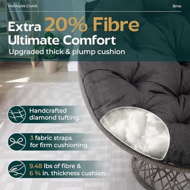 Bme Metal Oversized Swivel Papasan Chair, Living Room Chair with Black Cushion, Gray Frame, 360° Swivel, Skillfully Woven Resin Wicker, 46 Inch Wide, Bee-Designed Base, Modern Style, Indoor Use - Image 4
