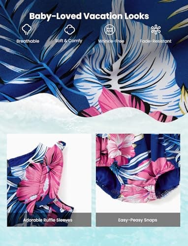 PATPAT Matching Family Vacation Outfits Mom and Daughter Outfits Tropical Floral Palm Leaf Print Spaghetti Strap Boho Belted Dresses Hawaiian Beach Navy Blue Floral Romper Dress Baby Girl 6-9 Months - Image 4