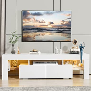JUMMICO TV Stand with LED Lights, Modern Entertainment Center Media and Open Shelf Console Table Storage Desk with 1 Drawer and Remote Control 20 Color LED Lights up to 70 Inch TV (White) - Image 2