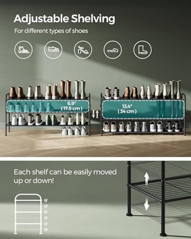 SONGMICS Shoe Rack, 3-Tier Shoe Organizer, Metal Shoe Shelf Storage with 4 Side Hooks, Holds 18 Pairs of Shoes, Height-Adjustable Shoe Rack for Entryway, Hallway, Closet, Easy Assembly, Ink Black - Image 4