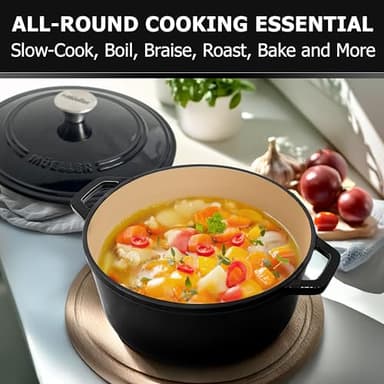 MÜELLERHOME 6 Quart Enameled Cast Iron Pot Dutch Oven, Heavy-Duty Oven-Safe up to 500° F, & Across All Cooktops, Casserole Dishes for Ovens, Bread Pan with Lid and Knob, Cast Iron Cookware, Black - Image 6