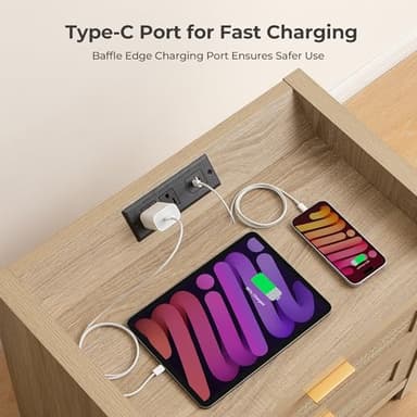SICOTAS Rattan Nightstands Set of 2 Bedside Table - Bedroom Night Stand with Type-C Charging Station, 2 Drawers Storage - Boho Night Stands End Table for Bedroom Office - Light Oak - Image 4
