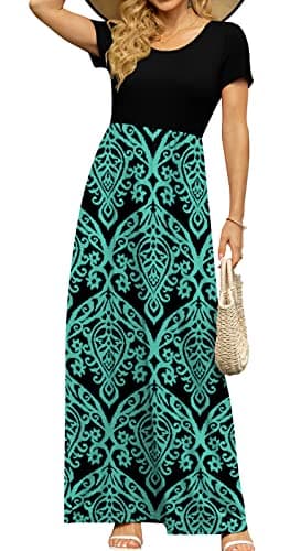 DB MOON Womens Casual Maxi Dresses Short Sleeve Empire Waist Long Dress for Beach with Pockets(Black and Blue Green, L) - Image 1