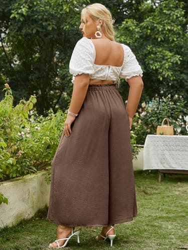 Simplee Apparel Women's Casual Plus Size Side Split Wide Leg Pants High Waist Beach Flowy Pants Comfy Lounge Loose Belted(3XL Coffee) - Image 4