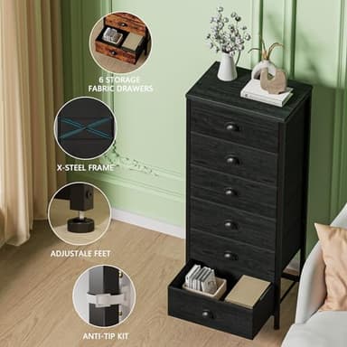 Furnulem Tall Dresser with 6 Drawers,Vertical Bedside End Table & Chest for Bedroom,Black Storage Tower Dorm Nightstand with Fabric Drawer Organizer Unit Furniture in Living Room,Closet,Hallyway - Image 5