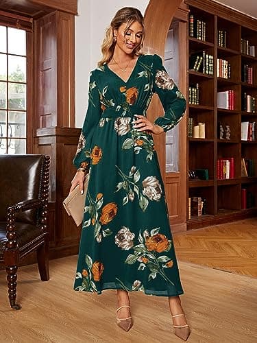 Simplee Women Casual Boho Floral Maxi Dress V Neck Long Sleeve Wedding Guest Dress Flowy Holiday Beach Empire Waist Long Dresses (Medium Emerald Green) - Image 2