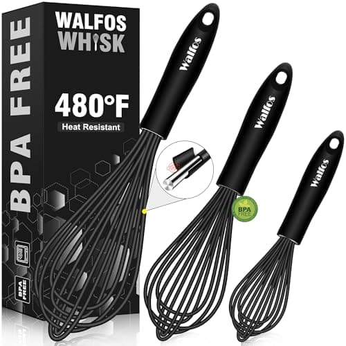 Walfos Silicone Whisk,Stainless Steel Wire Whisk Set of 3 -Heat Resistant 480°F Kitchen Whisks for Non-stick Cookware,Balloon Egg Beater Perfect for Blending,Whisking,Beating,Frothing & Stirring,Black - Image 1