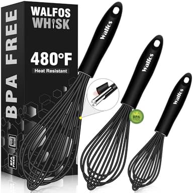 Walfos Silicone Whisk,Stainless Steel Wire Whisk Set of 3 -Heat Resistant 480°F Kitchen Whisks for Non-stick Cookware,Balloon Egg Beater Perfect for Blending,Whisking,Beating,Frothing & Stirring,Black - Image 1