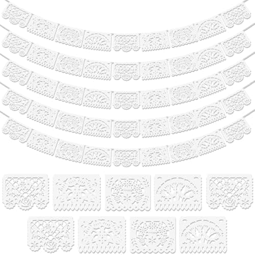 5 Pack White Papel Picado Banner, 90Ft White Mexican Banner for Parties Weddings, Papel Picado Dia De Los Muertos, Cinco De Mayo Decor, Day of The Dead Decorations, Fiesta Party Decoration Supplies - Image 1
