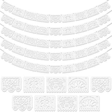 5 Pack White Papel Picado Banner, 90Ft White Mexican Banner for Parties Weddings, Papel Picado Dia De Los Muertos, Cinco De Mayo Decor, Day of The Dead Decorations, Fiesta Party Decoration Supplies - Image 1