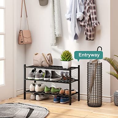 3-Tier Black Bamboo Shoe Rack for Entryway, Stackable | Foldable | Natural, Shoe Shelf Storage Organizer for Hallway Closet, Free Standing Shoe Racks for Indoor Outdoor - Image 5