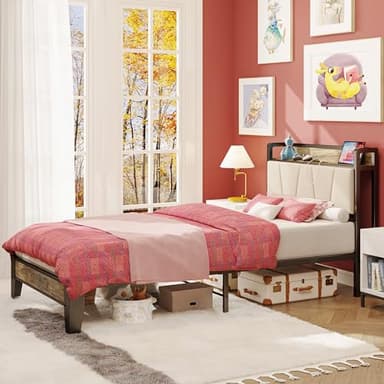 LIKIMIO Twin XL Bed Frames, Storage Headboard with Charging Station, Solid and Stable, Noise Free, No Box Spring Needed, Easy Assembly (Walnut and Beige) - Image 6