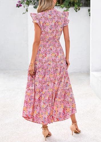 PRETTYGARDEN Women's 2025 Summer Floral Midi Dress Cap Sleeve V Neck Ruffle Long Flowy Boho Casual Beach Vacation Dresses (Floral Wine Red,Small) - Image 2