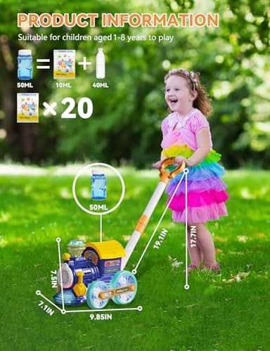 Bubble Machine,Bubble Blower Maker,Bubble Lawn Mower for Toddlers,Bubble Music Train with Light,Summer Outdoor Push Backyard Toys for 1-8 Ages,Christmas Birthday Gifts for Preschool Boys Girls (Blue) - Image 3