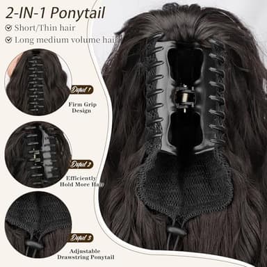 ORSUNCER Ponytail Extension Claw 26" Curly Pony Tail Clip in Claw Hair Extensions Fluffy Natural Looking Synthetic Hairpiece for Women Black Brown - Image 5