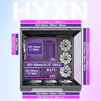 HYXN H1 HYXN ATX PC Case - Pre-Installed with 7 PWM ARGB Fans - Dual Cavity Mid-Tower PC Gaming Case - with Type-C - Can Hold up to 3X 360mm heatsinks simultaneously (Black, H1) - Image 4