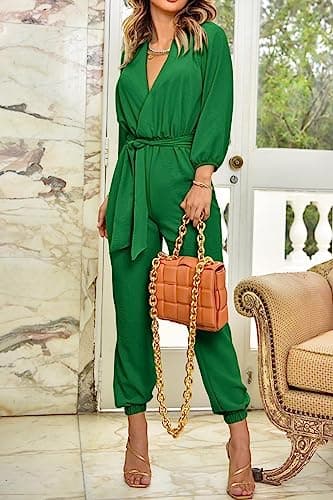 PRETTYGARDEN Women's Spring Fall Jumpsuits Casual Dressy One Piece Outfits V Neck Long Sleeve Belt Pockets Long Pants Romper (Green,Small) - Image 7