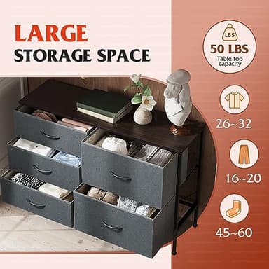WLIVE Dresser for Bedroom with 5 Drawers, Wide Bedroom Dresser with Drawer Organizers, Chest of Drawers, Fabric Dresser for Living Room, Closet, Hallway, Dark Grey - Image 4