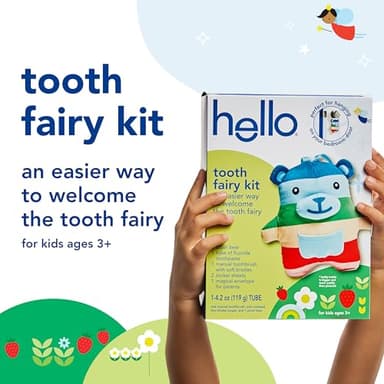 hello Tooth Fairy Kit with Tooth Fairy Door Hanger and Teddy Bear, Includes Full Size Fluoride Kids Strawberry Toothpaste and Kids Toothbrush, for Children Ages 3 and Up - Image 2