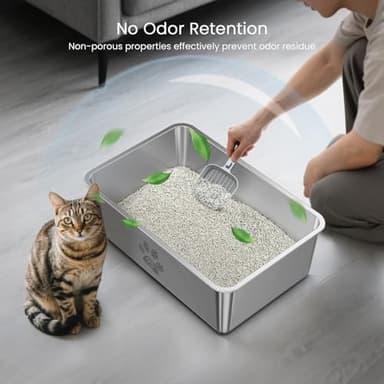 PWTAA Stainless Steel Cat Litter Box High Side Cats Toilet Metal Kitten Litter Pan, Pet Cleaning Tool for Big and Small Cats, Rabbits, Splash-Proof and Non-Stick Cat Poop Box odorless 23.6"x15.7"x7.9" - Image 3