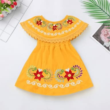 Baby Girls Mexican Dress Sleeveless Off Shoulder Flowers Embroidery Dresses Toddler Traditional Mexico Themed Birthday Party Clothe Cinco De Mayo Outfit Hawaii Holiday Casual Sundress Yellow 2-3T - Image 2