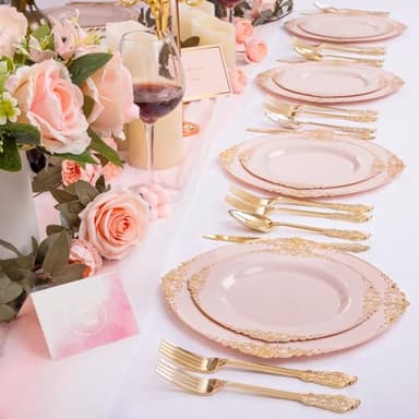 Joyido 125PCS Pink and Gold Plastic Plates - Pink Disposable Plates - Vintage Plate with Gold Plastic Silverware Set for 25 Guests for Weddings Parties - Image 8