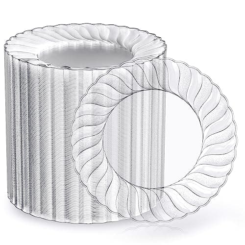 FOCUSLINE 100 Count 6 Inch Clear Plastic Plates, Disposable Heavy Duty Salad Dessert Plates- Premium Hard Plastic Plate Fancy Disposable Clear Plate for Weddings, Parties and Events - Image 1