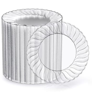 FOCUSLINE 100 Count 6 Inch Clear Plastic Plates, Disposable Heavy Duty Salad Dessert Plates- Premium Hard Plastic Plate Fancy Disposable Clear Plate for Weddings, Parties and Events - Image 1