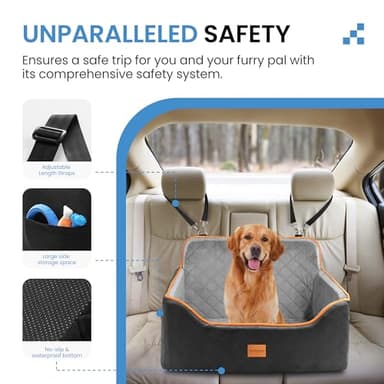 Dog Car Seat for Medium Dogs - Pet Car Seat with 2 Safety Straps & Waterproof Padding, Portable Pet Carrier for Cars, Trucks & SUVs, Comfortable Booster Bed for Pets Up to 55lbs (Black/Grey) - Image 5